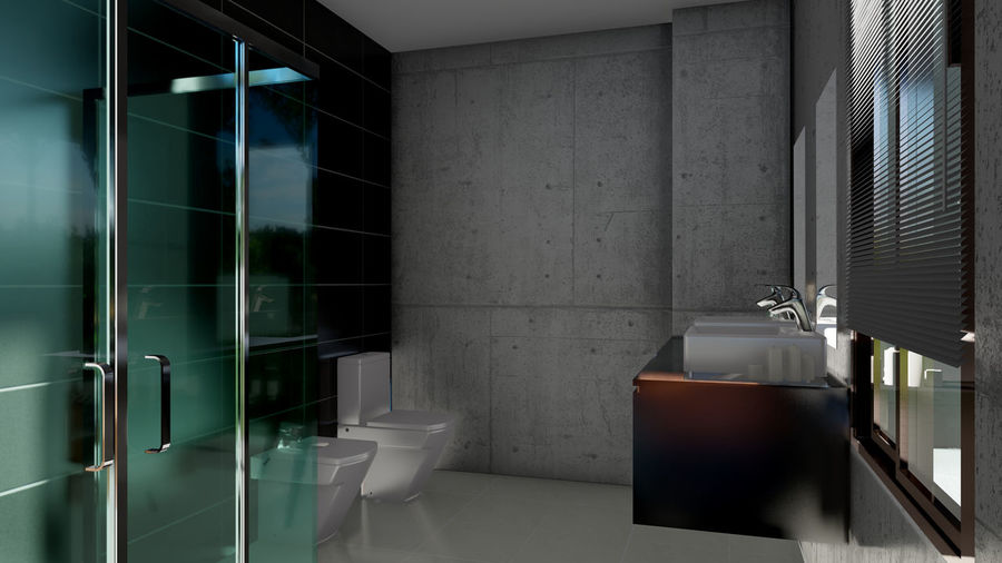Interior of modern spacious bathroom with stone walls and glass shower cabin in contemporary apartment