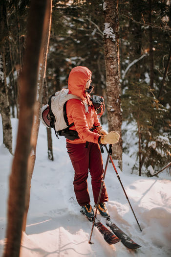 Female backcountry skier looks at rising sun on cold morning in woods