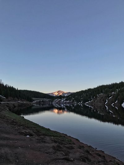 Scenic view of lake against clear blue sky