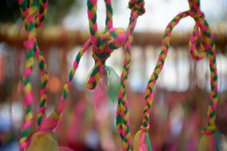 Close-up of multi colored hanging outdoors