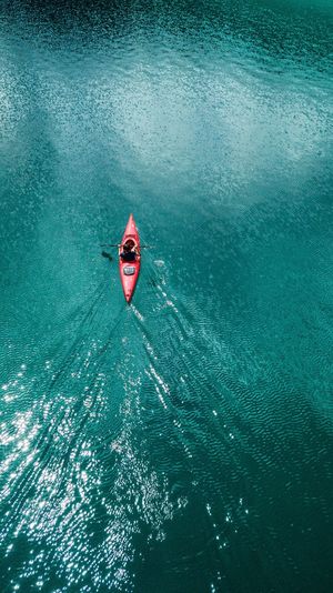 High angle view of person kayaking on lake