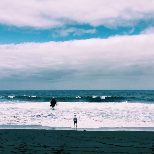 Rear view of standing on shore at beach against sky