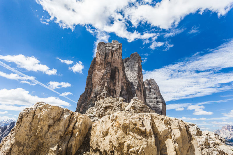 Low angle view of rock formations against blue sky