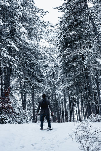 Rear view of woman walking on snow covered land