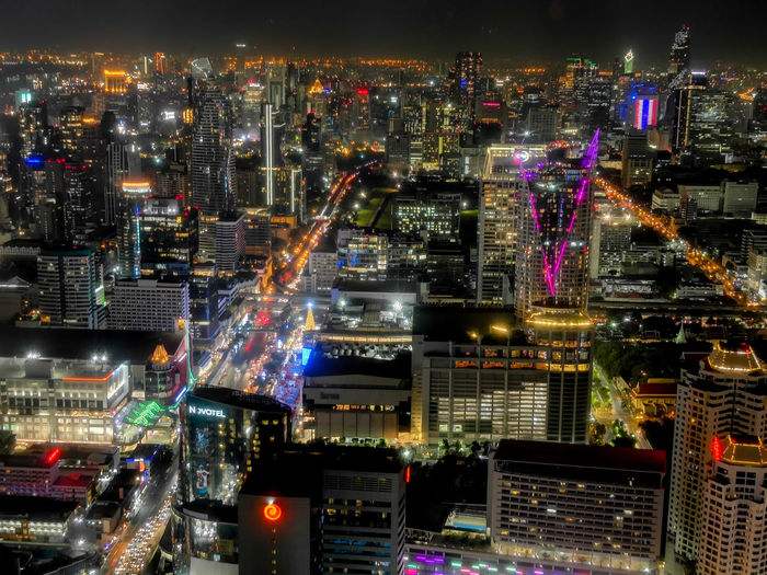 High angle view of illuminated bangkok city buildings at night
