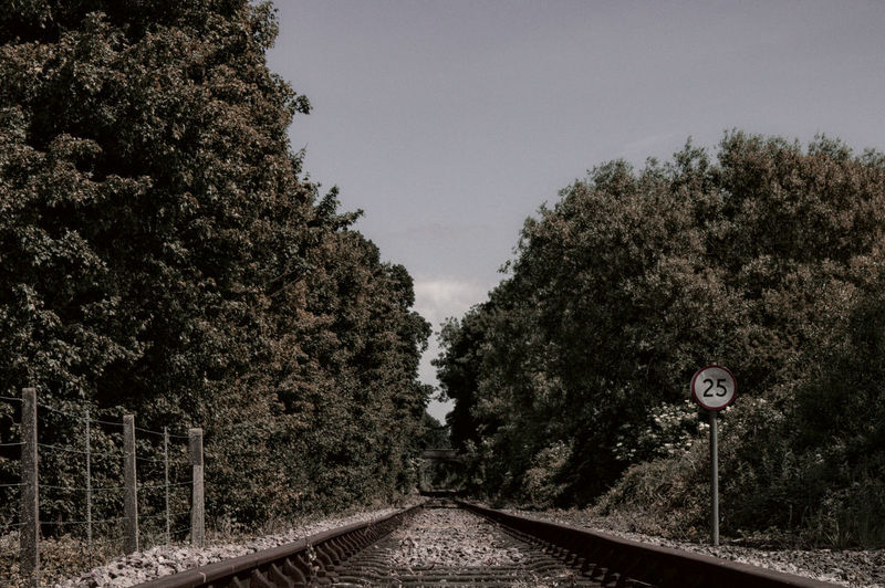 View of railroad tracks by trees against sky