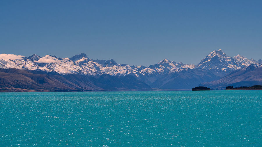 Scenic view of snowcapped mountains against clear blue sky