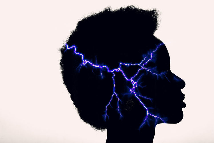 Digital composite image of silhouette woman against white background