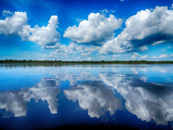 Scenic view of cloudy sky reflected in lake surrounded by trees