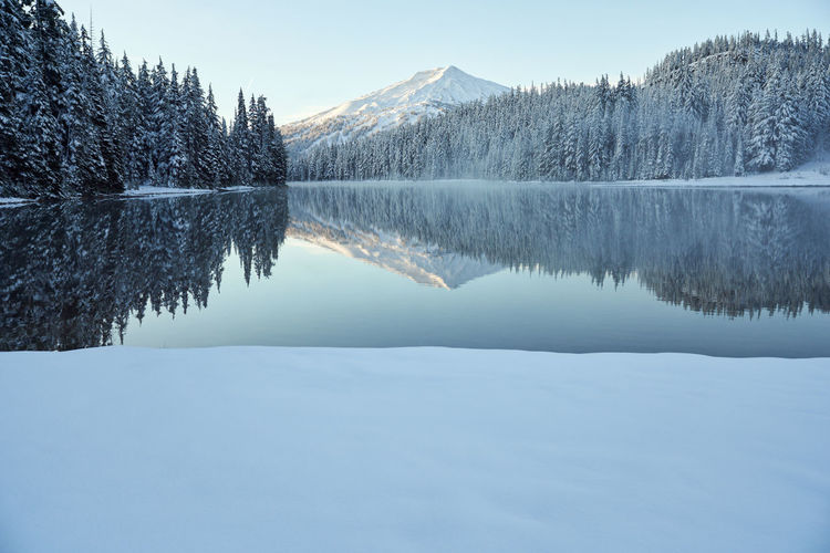 Mountain reflecting in lake in winter with snow