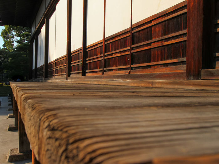 Surface level of wooden bench against building
