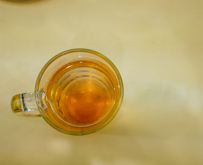 Directly above shot of tea in glass jar on table