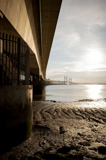 Low angle view of bridge over river against sky in city