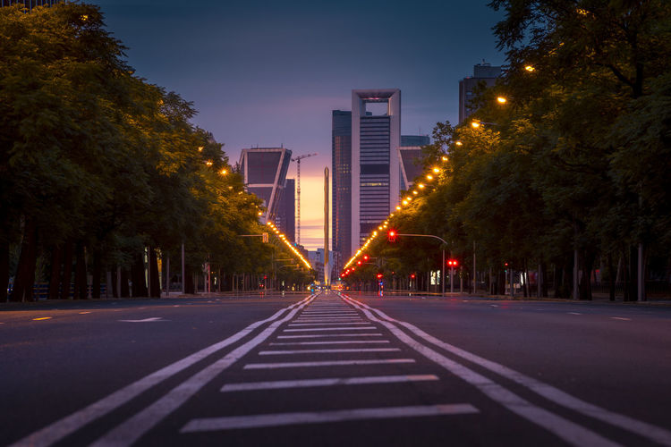 Ground level of empty asphalt roadway between trees at amazing sunset in madrid