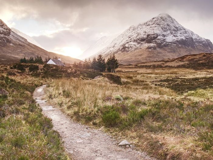 Footpath in glen etive valley at a82 road. cold early spring weather. scottish highland near glencoe