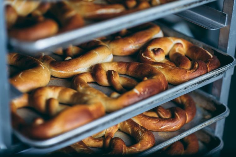 Close-up of pretzels in tray