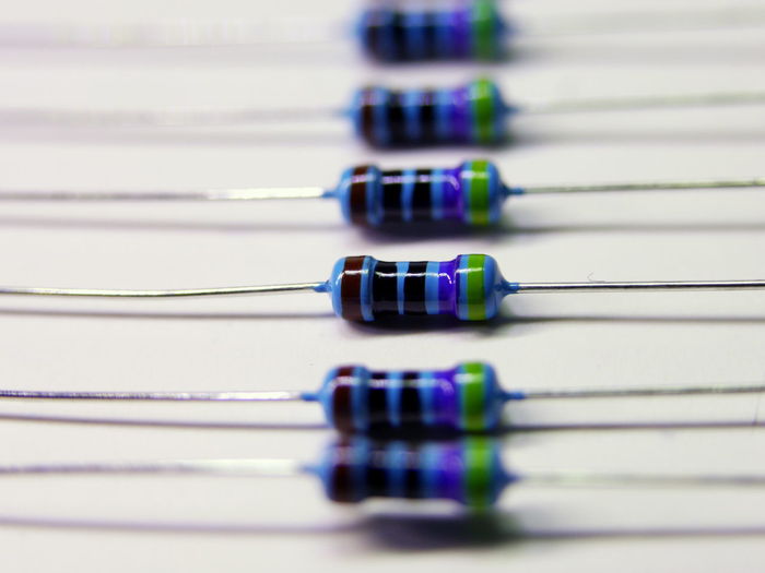 Close-up of resistors on table