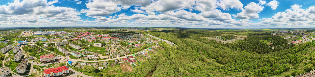 Aerial view of small town in summer cloudy day. dobrush, belarus. panorama