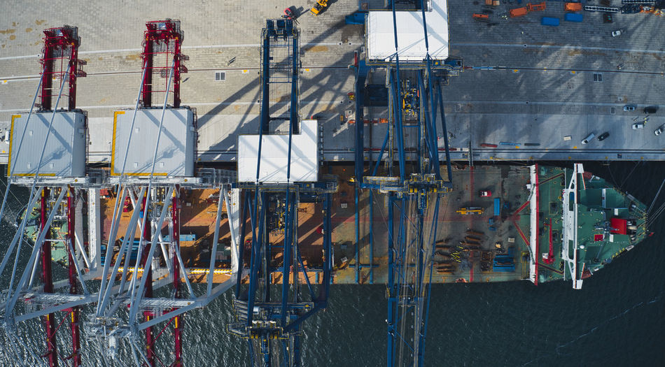 High angle view of a ship with cranes