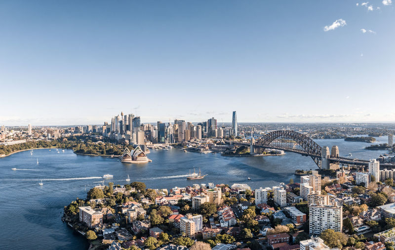 Aerial drone view of the sydney skyline with harbour bridge and kirribilli suburb.