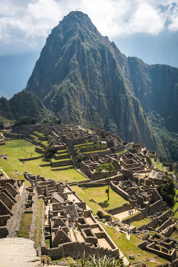 High angle view of old ruins on mountain