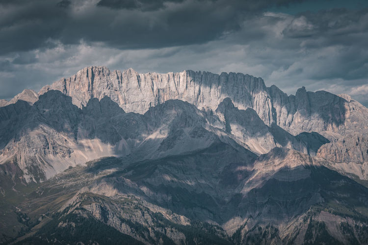 Aerial view of mountain range against sky