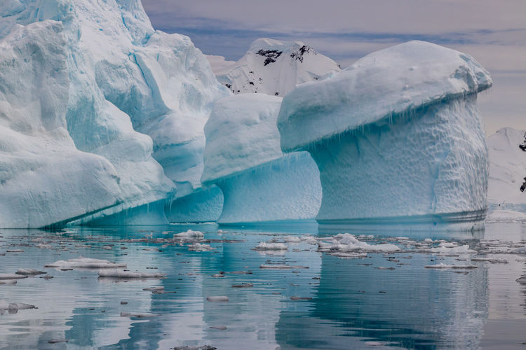 Strange shaped melting icebergs floating in the seas of the antarctic peninsula.