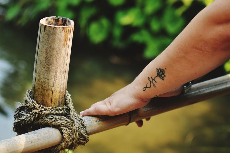Cropped hand holding wooden post over lake