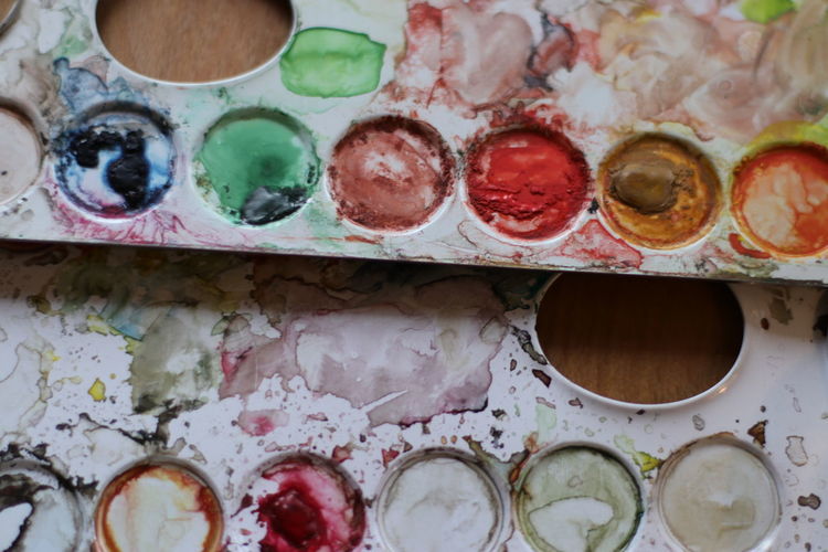 Close-up of watercolor palette on table