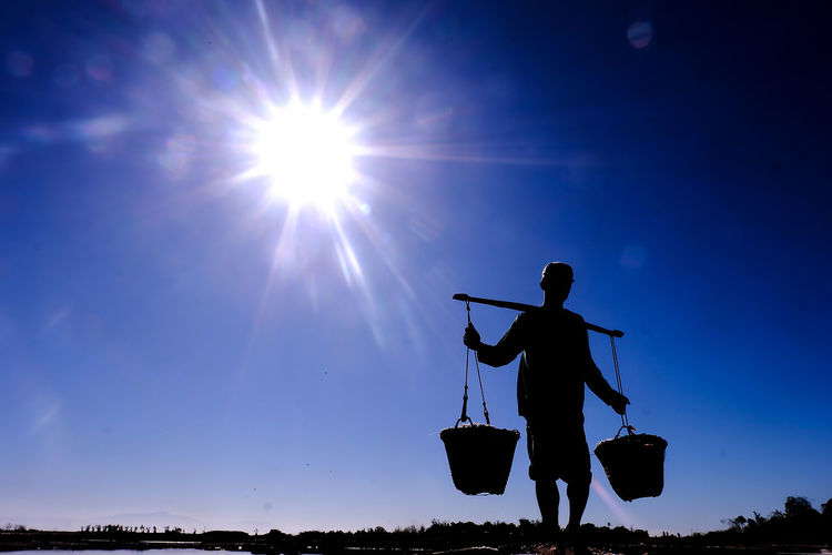 Low angle view of silhouette man standing against blue sky on sunny day