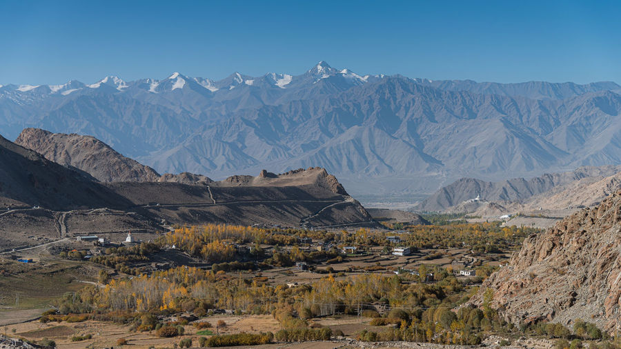 Leh city with snow capped mountain background scenery