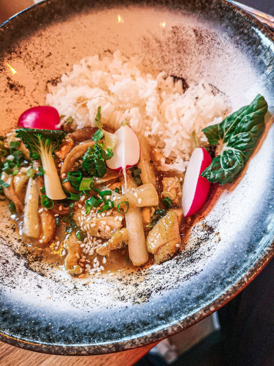 High angle view of meal served in bowl