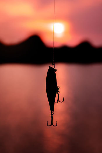 Close-up of silhouette fishing rod against sky at sunset