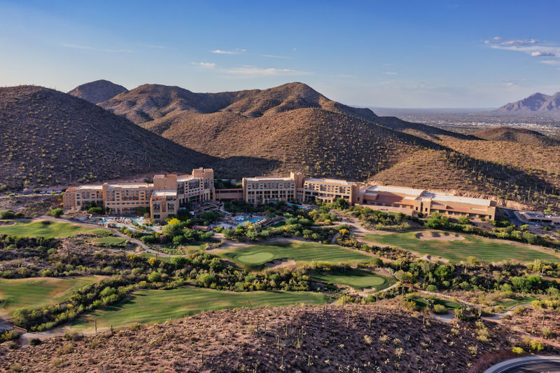 Tucson, arizona, usa, june 10, 2021. jw starr pass marriott surrounded by golf courses and mountains