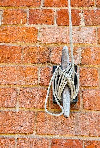 Close-up of hanging on brick wall