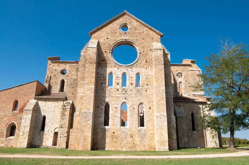 Beautiful front view of san galgano church, tuscany