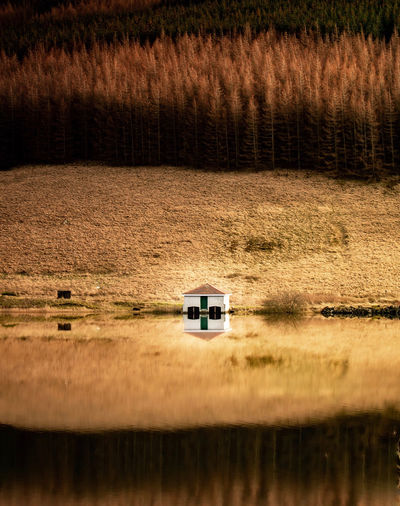 Reflection of boathouse in lake against trees