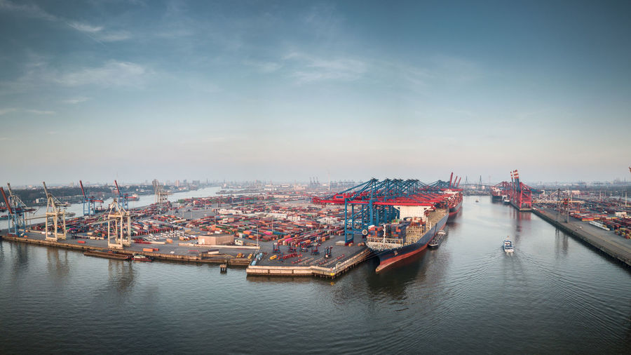 Panorama from hamburg harbour at sunset