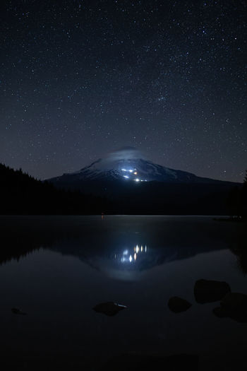 Scenic view of illuminated mountain reflecting in lake at night