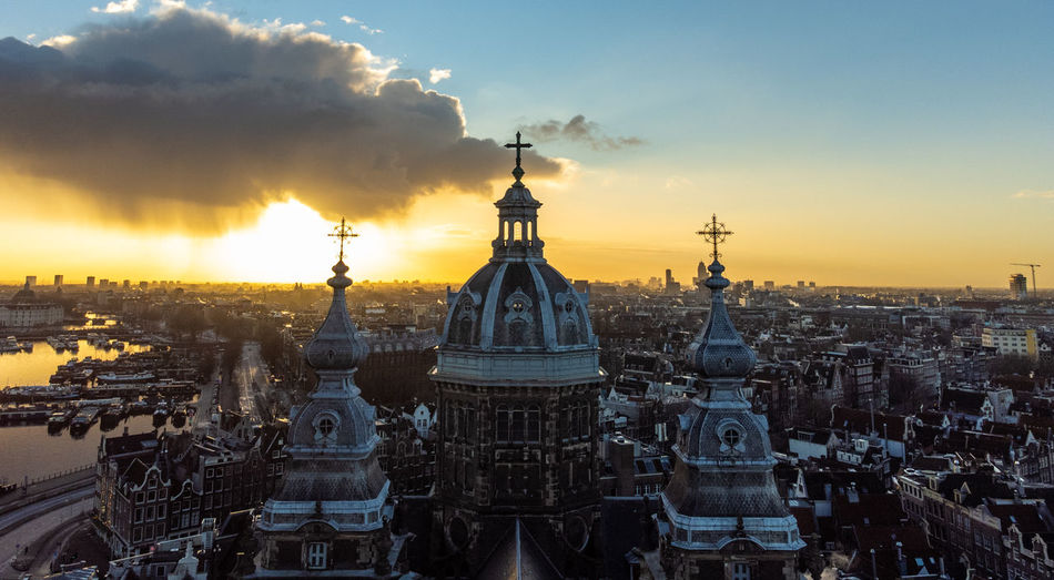 Sunset in amsterdam. aerial shot made by drone