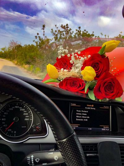 Close-up of flower bouquet on car windshield