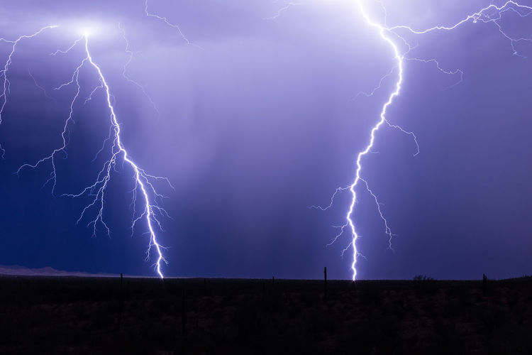Twin lightning bolts strike as a thunderstorm moves across the desert near gila bend, arizona.