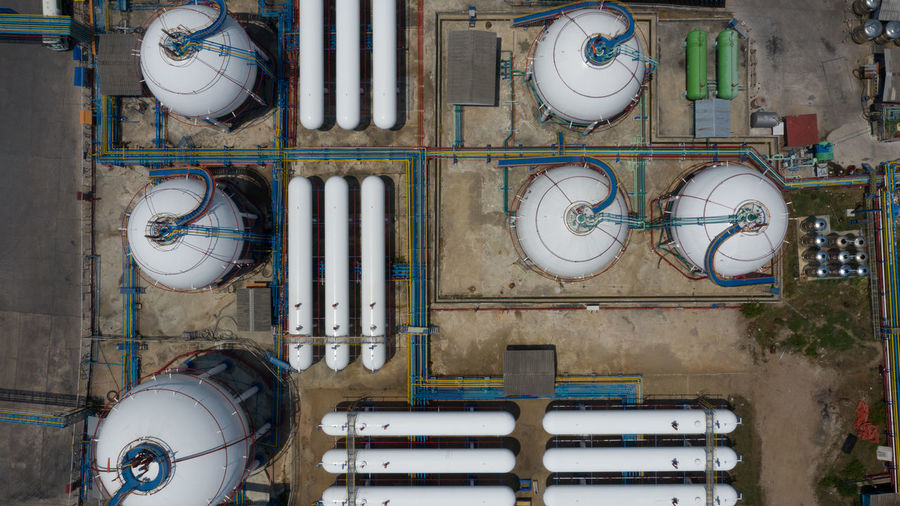Aerial view white storage tank gas in station lpg gas, lng or lpg distribution station facility, 