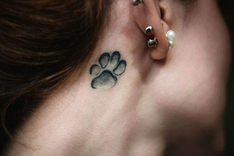 Close-up of paw tattoo on woman neck