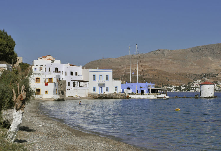 Built structures against clear blue sky