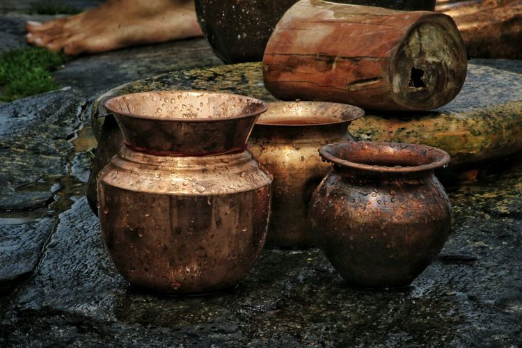 Close up of copper vessels 