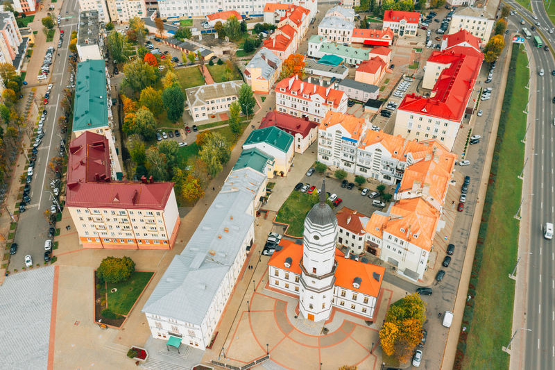 High angle view of buildings in city