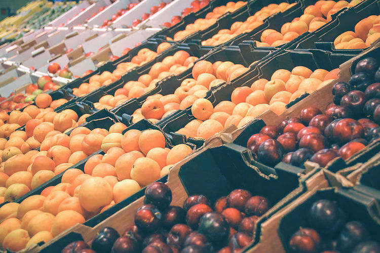 High angle view of fruits for sale at market stall