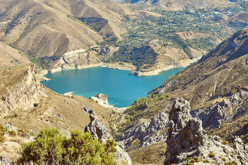High angle view of lake and mountains