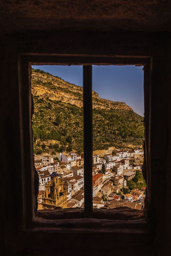 View of townscape seen through window